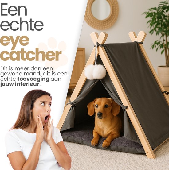 Bruine teckel in een grijze tipi tent, naast een verbaasde vrouw. Tekst 'Een echte eye catcher'.