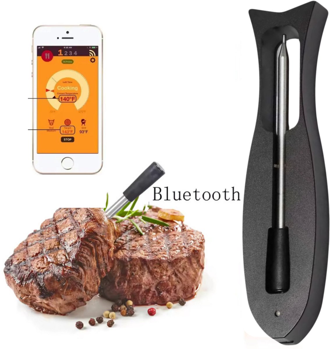 Draadloze Vleesthermometer met App – Bluetooth BBQ & Oventhermometer – RVS Kookthermometer – Zwart – Onmisbaar BBQ Accessoire