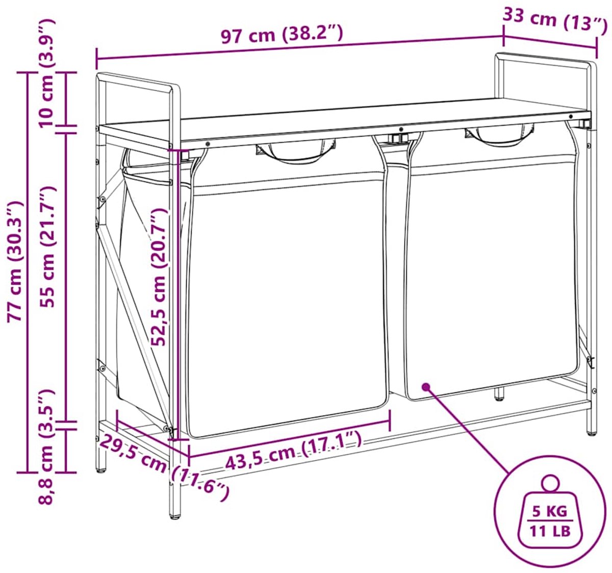 vidaXL - Wasmand - 2 - vakken - met - plank - grijs - sonoma - eiken