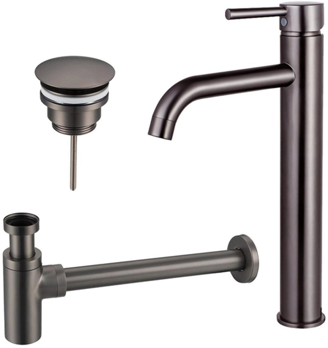 FugaFlow Eccelente Sobrado Badkamer Wastafelkraanset - verhoogde wastafelkraan - always open plug - design sifon - PVD Gepolijst Gunmetal