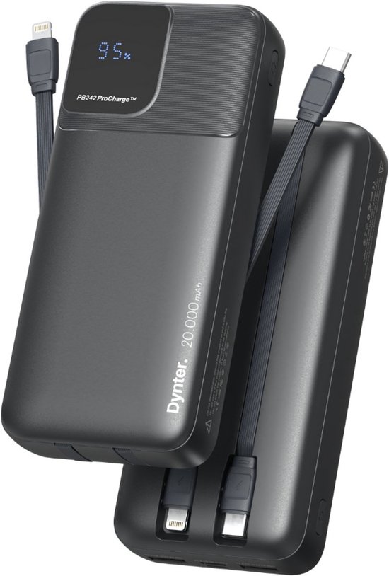 Dynter Powerbank 20.000 mAh – 22.5W Snelladen – USB-A & USB-C – LED Display – Voor iPhone, Samsung, Android & Meer – Zwart (PB242 ProCharge)