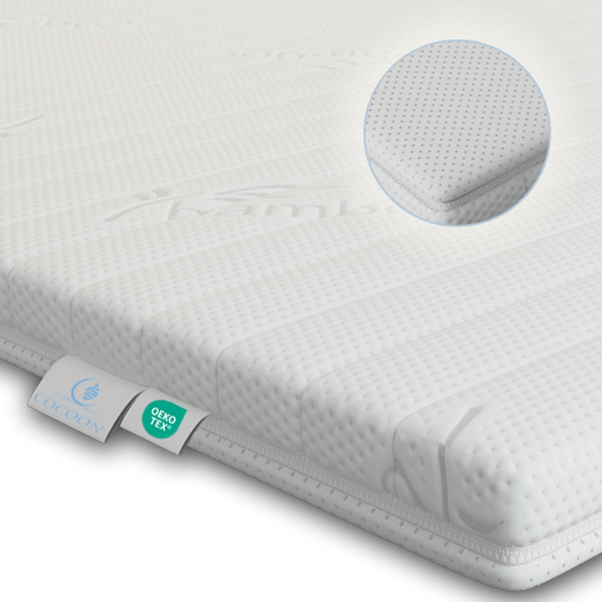 Cocoon Dreams Topmatras - 80x200 - PREMIUM BAMBOO Tijk - Afritsbaar / Wasbaar - HR Koudschuim - 8 cm - Orthopedisch - Anti-allergisch - Stevig - Hybrid - Topdekmatras - Topper Hotel XL - Anti Bacterieel - Okoetex gecertificeerd Wit