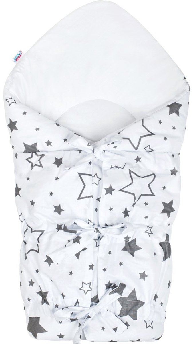 New Baby - Wikkeldeken - Wikkeldoek met vetersluiting 70x70 cm wit met grijze sterren - deken - newborn - katoenen doek - anti-allergisch - slaapzak