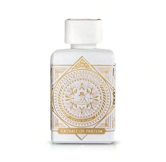 Witte parfumfles met gouden geometrische patronen en de tekst 'Glorious Oud Royal Blanc Extrait de Parfum'.