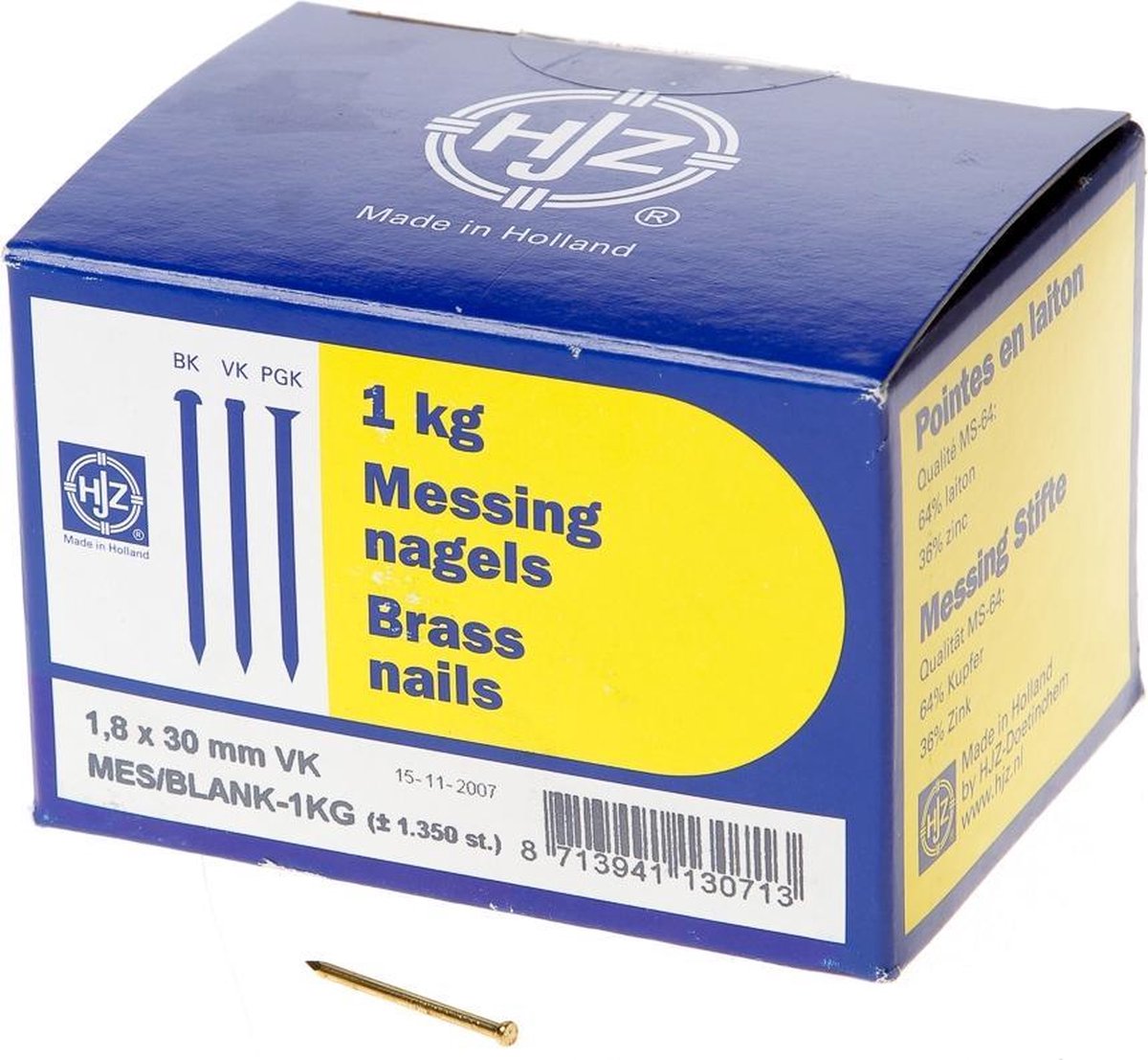 Hjz Messing nagels verloren kop 1.8 x 30mm 1kg