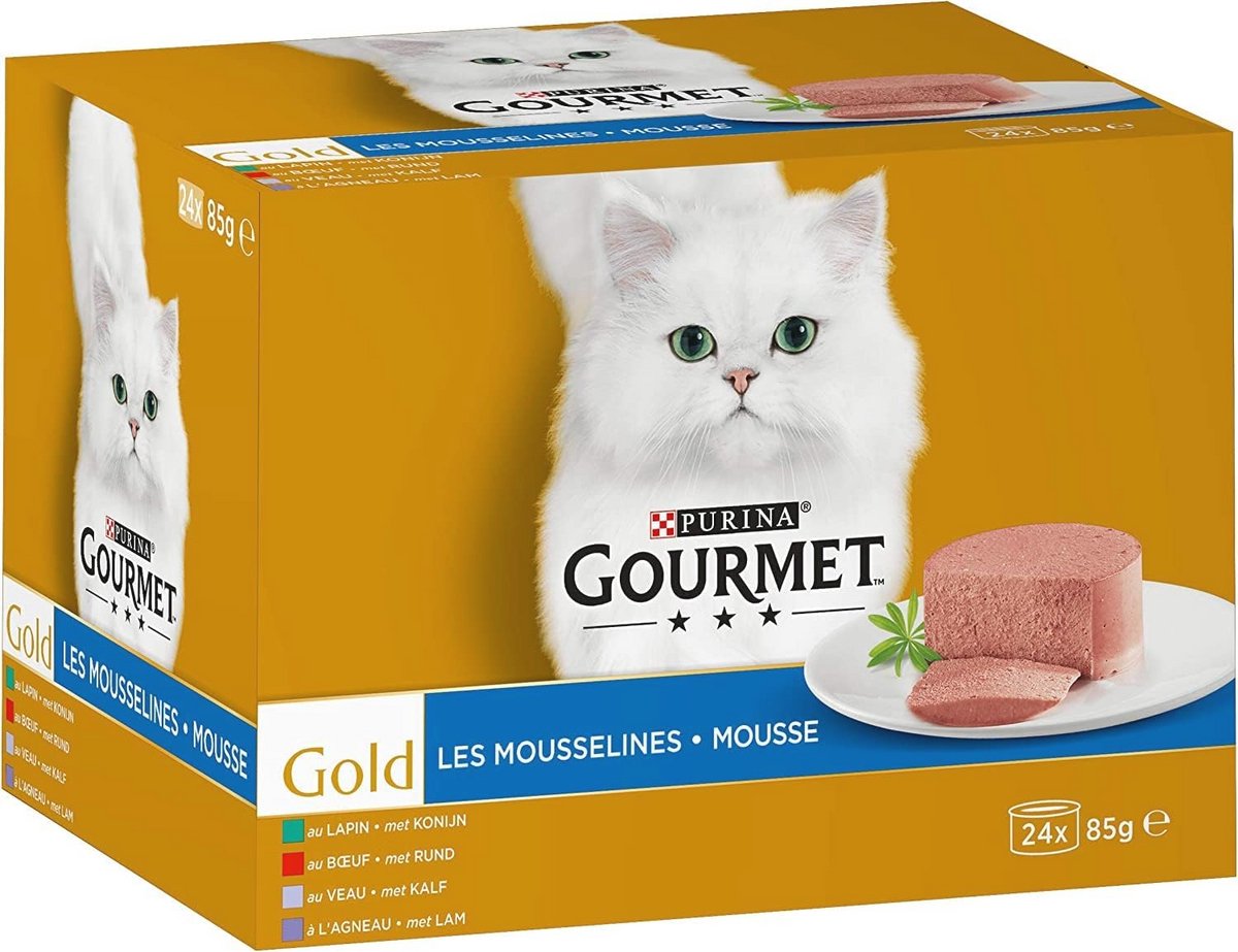 Gourmet Gold Kattesnacks Mousse Mix - Natvoer met Rund, Konijn, Kalf of Lam - 24x85g