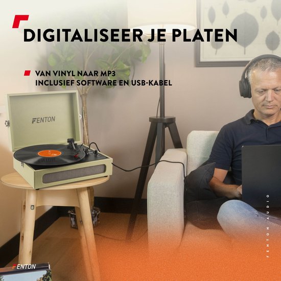 Retro Platenspeler Bluetooth in & out - Fenton RP118 - Model 2025 - Geschikt voor alle platen - Ingebouwde speakers - Groen — afbeelding 4