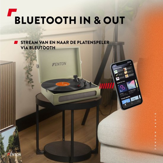 Retro Platenspeler Bluetooth in & out - Fenton RP118 - Model 2025 - Geschikt voor alle platen - Ingebouwde speakers - Groen — afbeelding 3