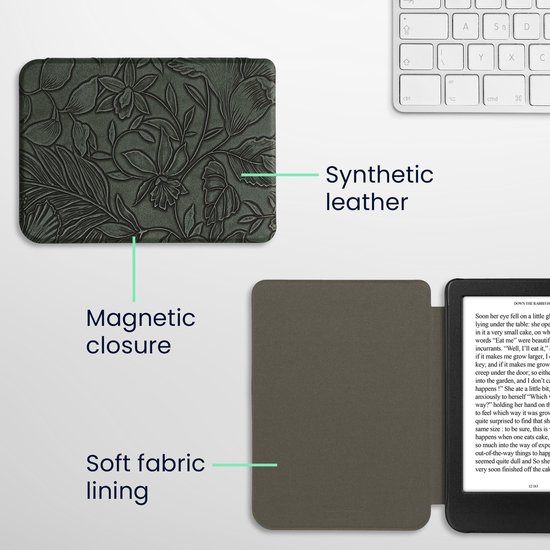 kwmobile e-reader hoesje geschikt voor Kobo Clara BW / Colour hoes - E reader flip case met magnetische sluiting - Ereader cover - Bloemen in reliëf design in groen van Merkloos — afbeelding 3