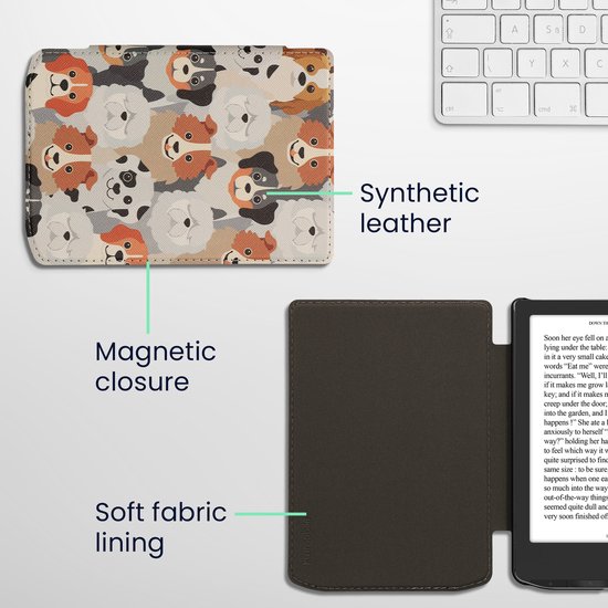 kwmobile e-reader hoesje geschikt voor Pocketbook Verse / Verse Lite / Verse Pro / Color / Vivlio Light/Light HD hoes - E reader flip case met magnetische sluiting - Ereader cover - Honden Ontwerp design in wit / lichtbruin / grijs van kwmobile — afbeelding 5