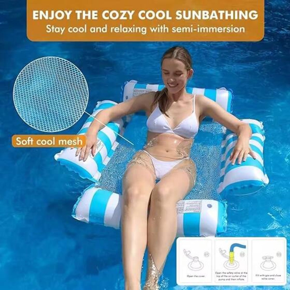 Waterhangmat Streeppatroon Blauw - Blue - Lounge Chair - Float - Zwembad - Hangstoel - Opblaasbare Zwembad Stoel - Water Hangmat - Luchtbed Zwembad - Luchtmatras - Floater - Strand - Waterspeelgoed - Vakantie - Zomer - Hammock Pool Float – foto 8