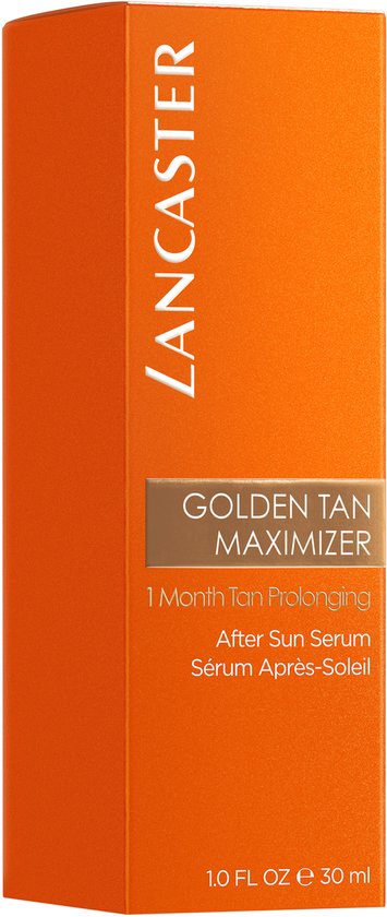 Oranje Lancaster productdoos met de tekst 'Golden Tan Maximizer', 1 Month Tan Prolonging, After Sun Serum.