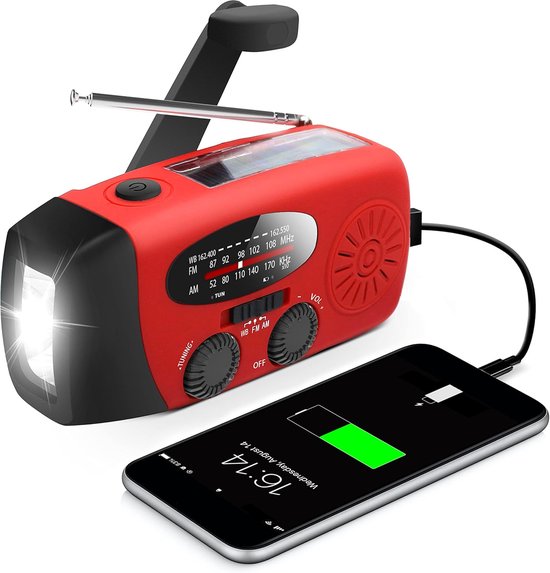 Noodradio - Noodradio Opwindbaar - 2000 mAh - Radio Met Accu Batterij Voor Noodsituaties - Noodpakket - Opwindbaar - Solar - Zaklamp - Powerbank - Noodradio Op Batterijen - Rood - Voor Rampen/Camping - Draagbare