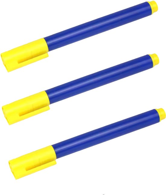 Drie blauwe stiften met gele doppen.