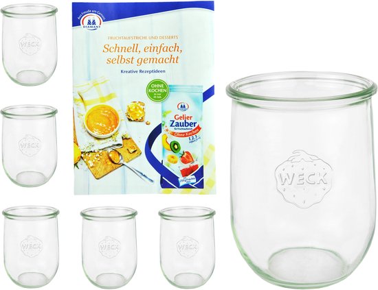 Set van 6 Weck potten 1062ml tulpenpotten, 1 liter tuimelaars incl. geleermagie receptenboekje van Diamantzucker