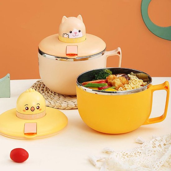 LUPATDY Ramenkom met deksel, instant noedelkom, 1200 ml, draagbare pastaschaal van roestvrij staal met timer en ventilatiegat, bowl-kom voor pasta, bento, lunch (kat