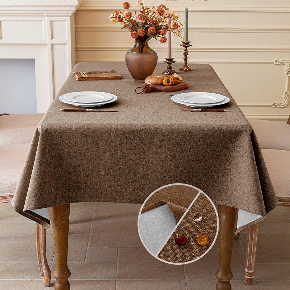 Tafelkleed met linnenlook, wasbaar, waterdicht, voor eetkamer, tuin, feest, bruiloft of thuis, 140 x 200 cm - Bruin