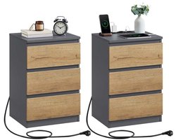 Homesy Nachtkastje set van 2 - Slaapkamer - Modern - Ebbenhout Grijs - 3 lades - Met stopcontact