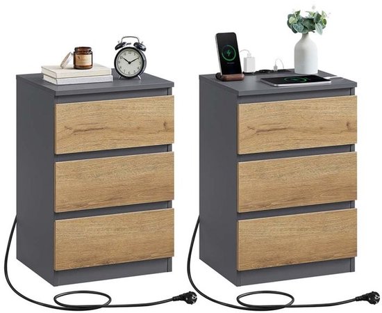 Homesy Nachtkastje set van 2 - Slaapkamer - Modern - Ebbenhout Grijs - 3 lades - Met stopcontact