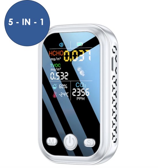 Heuts Goods - CO2 meter 5 in 1 - Hygrometer - Hygrometer binnen - CO2 Melder - Luchtvochtigheidsmeter - Co2 meter binnen - Wit