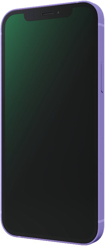 Zijkant van een paarse iPhone 12 met een groen, gesloten scherm.
