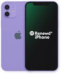 Paarse iPhone 12, voor- en achterkant, met het Renewd iPhone logo op het scherm.