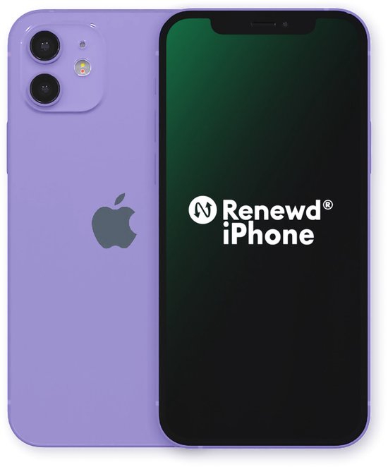 Paarse iPhone 12, voor- en achterkant, met het Renewd iPhone logo op het scherm.