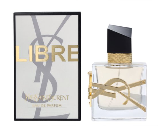 Doos en YSL Libre Eau de Parfum damesparfum. Gouden logo, gouden kettingdetail, zwarte dop.