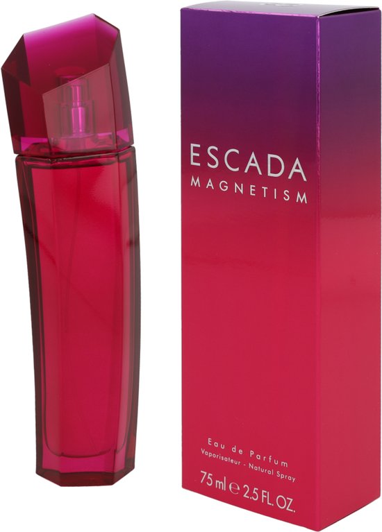 Escada Magnetism Eau de Parfum 75 ml fles en doos met roze-paarse gradiënt.