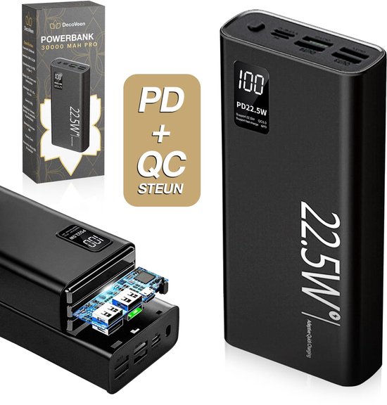 DecoVeen® Powerbank 22.5W - Powerbank 30000 mAh – 22.5W Snellader - Snelladen via USB-A en USB-C - Zwart - Powerbank Iphone- Noodpakket - Geschikt iOS/Android - Universeel