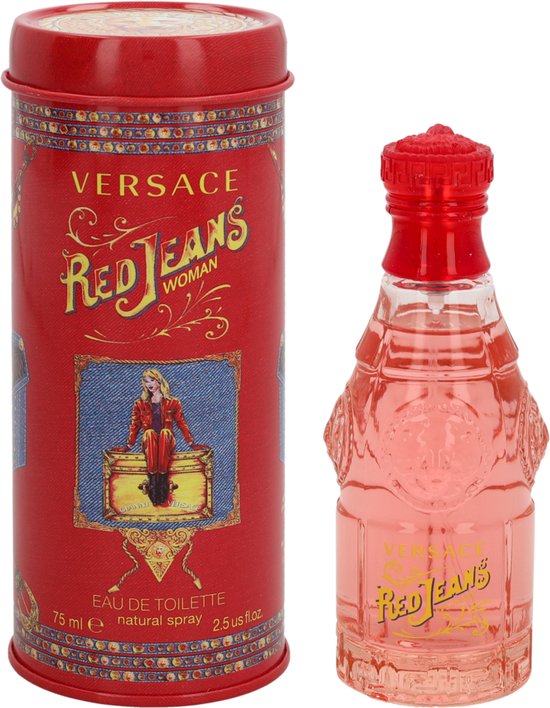 De rode blik met een transparante fles eau de toilette Red Jeans Woman van Versace. De fles is gevuld met roze vloeistof.