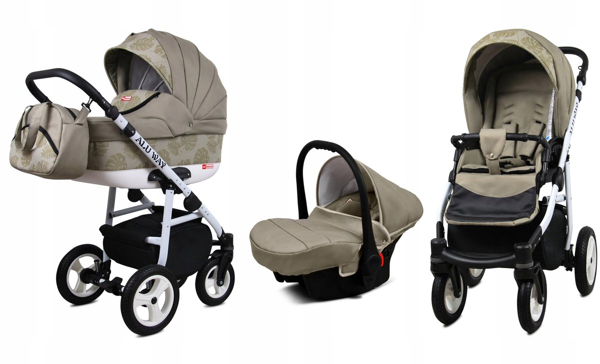 BabyLux® Kinderwagen 3in1 – ALUWAY - KHAKI MONSTERA LEAVES - Opklapbare Wandelwagen incl. Reiswieg, Multifunctionele Buggy Sportstoel, Autostoel - Combi-kinderwagen met Luiertas, Regenhoes, Klamboe, Bekerhouder, etc.
