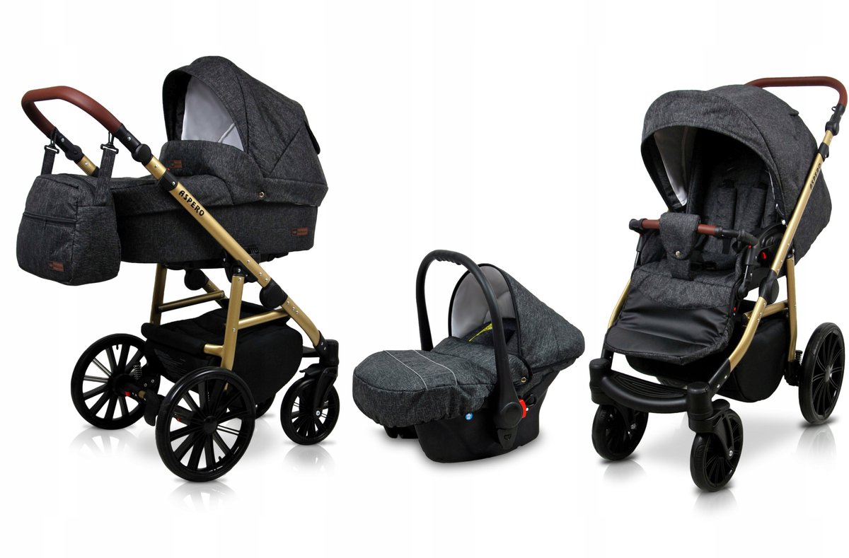 BabyLux® Kinderwagen 3in1 – ASPERO - BLACK FLEX - Opklapbare Wandelwagen incl. Reiswieg, Multifunctionele Buggy Sportstoel, Autostoel - Combi-kinderwagen met Luiertas, Regenhoes, Klamboe, Bekerhouder, etc.