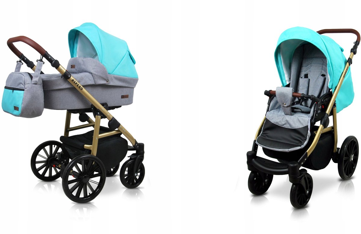 BabyLux® Kinderwagen 2in1 – ASPERO - SILVER MINT - Opklapbare Wandelwagen incl. Reiswieg, Multifunctionele Buggy Sportstoel - Combi-kinderwagen met Luiertas, Regenhoes, Klamboe, Bekerhouder, etc.