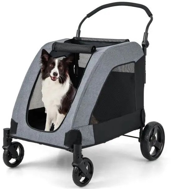 Trendmix Opvouwbare XXL Hondenbuggy Met Ademend Gaas En Opbergvakken - Voor Honden En Katten Tot 60 kg - 67 x 98 x 88 cm Grijs
