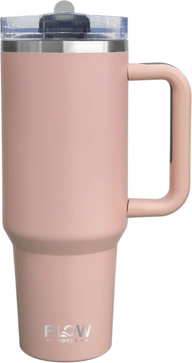 Flow Goods Flip Straw Tumbler - Rosé – Thermosbeker met Handvat – 100% Lekvrij - Drinkfles met Rietje – 1.2 Liter – Thermosbeker – Travel Mug