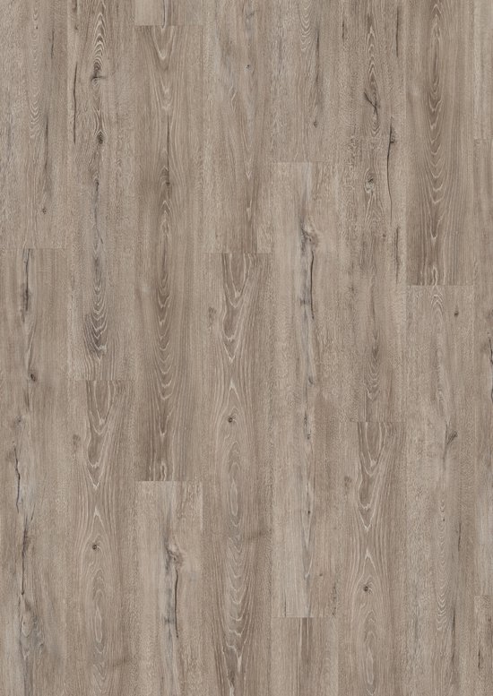 Een Close-up van een houten vloer met grijze, gebogen lijnen en houtnerf.