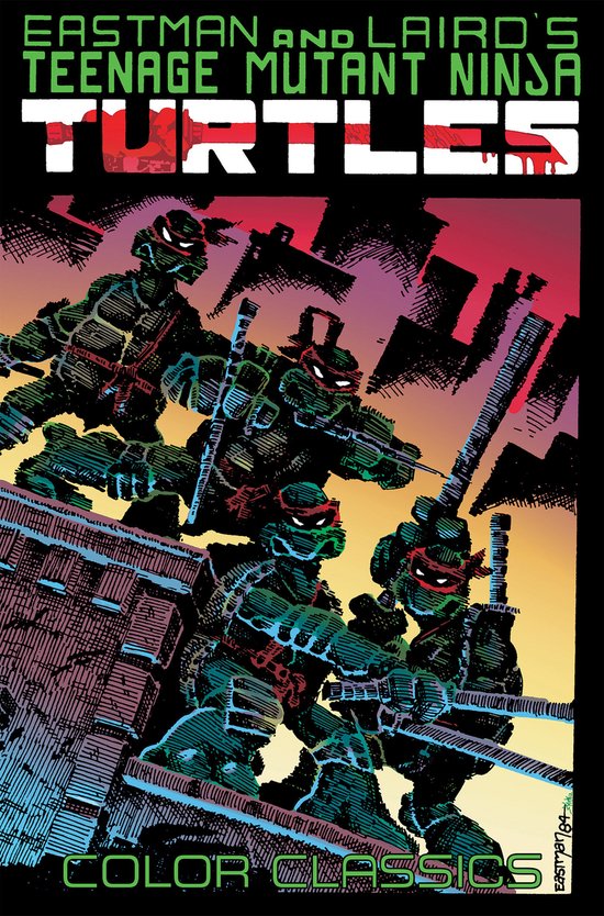 Vier Teenage Mutant Ninja Turtles met wapens, in een tekenfilmstijl, met Eastman and Laird's Teenage Mutant Ninja Turtles Color Classics op de cover.