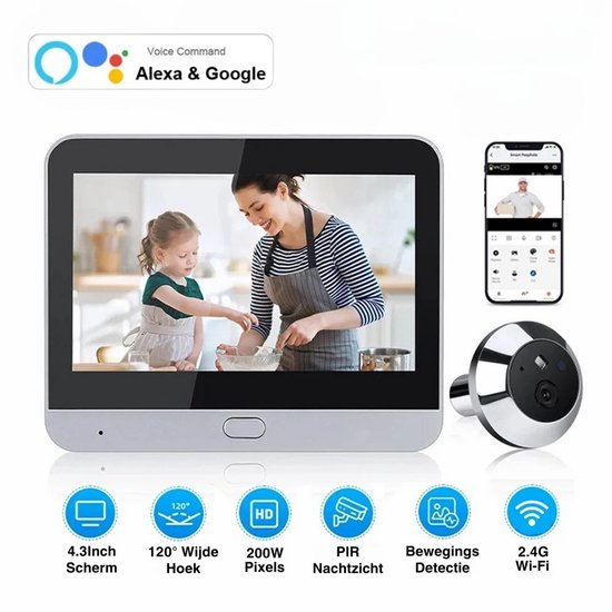 Slimme Video Deurbel met Camera en Gong Inclusief App - 1080P Full HD Wifi Deurspion - Digitaal Kijkgaatje - Grijs — afbeelding 2