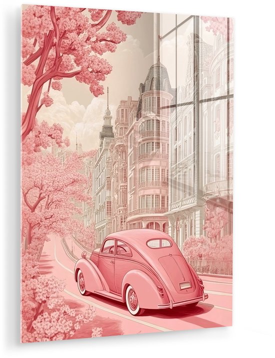 MuchoWow® Glasschilderij 90x120 cm - Schilderij acrylglas - City - Car - Pink - Foto op glas - Muurdecoratie woonkamer - Wanddecoratie slaapkamer - Schilderijen
