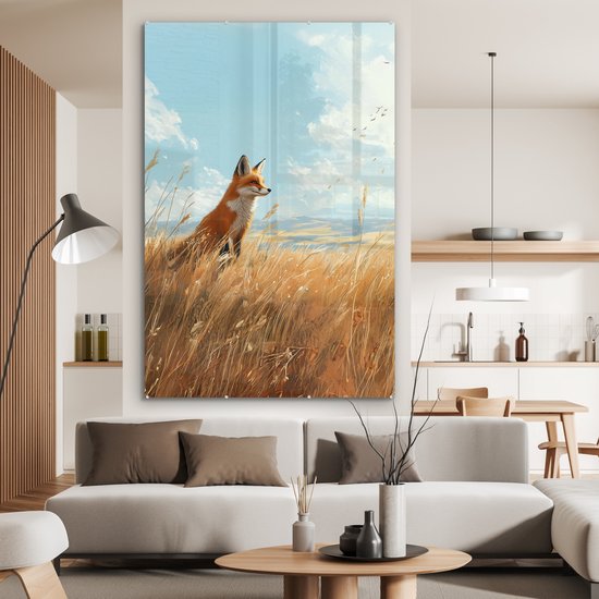 MuchoWow® Glasschilderij 120x180 cm - Schilderij acrylglas - Vos - Gras - Wolken - Oranje - Foto op glas - Muurdecoratie woonkamer - Wanddecoratie slaapkamer - Schilderijen