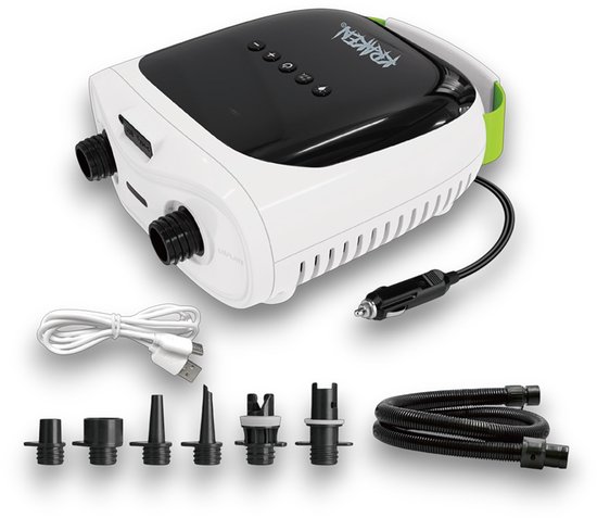 KRAKEN Elektrische SUP Accu Pomp 20 PSI - Ingebouwde Oplaadbare Batterij - Automatische Drukbegrenzing - Opblazen en Leegpompen - USB-A en USB-C Powerbank - Geschikt voor alle SUP Boards en Kajaks - Incl. 12V Autostekker en Ventieladapters