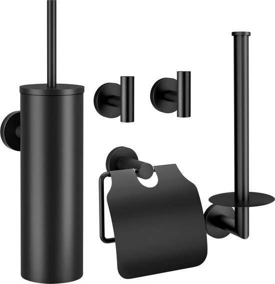 Toiletrolhouder - Toiletaccessoireset - Zwart - 5-delig - Luxe Toilet Set - Toiletborstel met Houder - Toiletrolhouder met klep - WC Reserverolhouder - Handdoekhaak - WC rolhouder