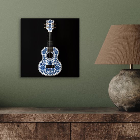 Aluminium schilderij 20x20 cm - Wanddecoratie metaal - Ukelele - Delfts - Blauw - Muziek - Metalen muurdecoratie woonkamer - Decoratie industrieel - Foto op dibond - Industriële accessoires slaapkamer