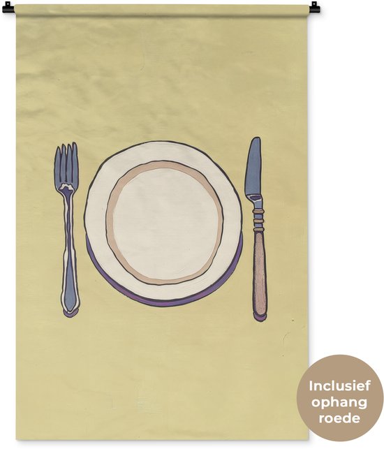 Tapisserie murale 90x135 cm - Toile murale Illustration - Assiette - Couverts - Beige - Tapisserie murale - Tapisseries murales