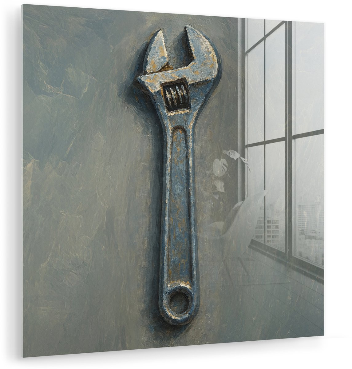 MuchoWow® Glasschilderij 50x50 cm - Schilderij acrylglas - Moersleutel - Gereedschap - Verf - Foto op glas - Muurdecoratie woonkamer - Wanddecoratie slaapkamer - Schilderijen