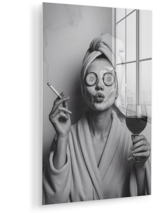 MuchoWow® Peinture sur verre 60x90 cm - Peinture sur verre acrylique - Femme - Masque - Vin - Cigarette - Photo sur verre - Décoration murale salon - Décoration murale chambre - Peintures