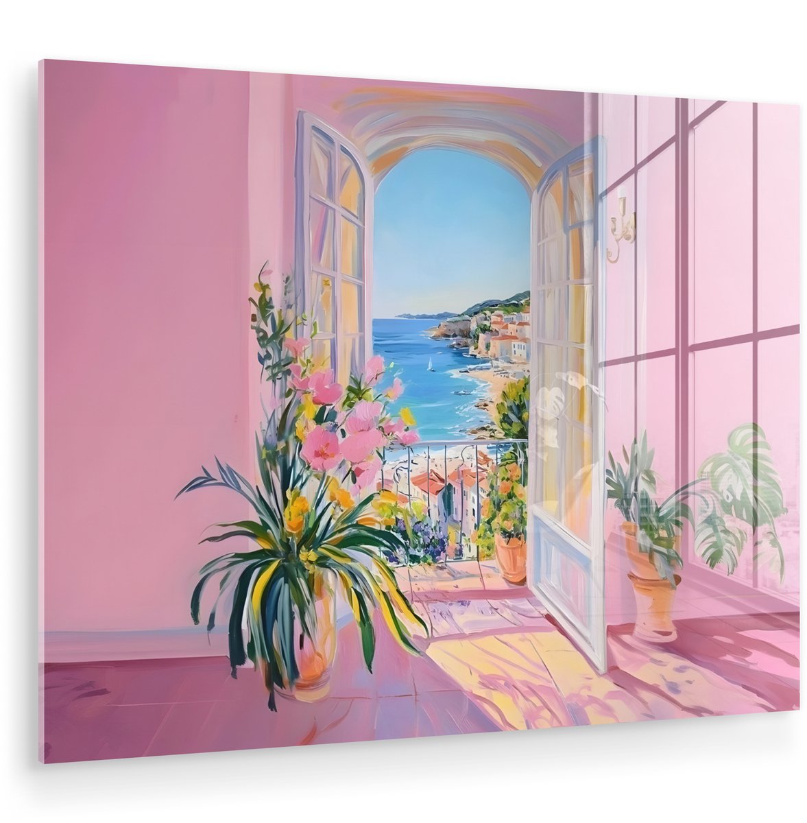 MuchoWow® Glasschilderij 160x120 cm - Schilderij acrylglas - Roze - Buiten - Verf - Foto o