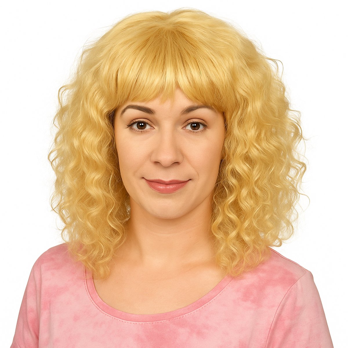 Blonde Verkleedpruik Krullen met Pony - Partypruik Volwassenen - Carnaval, Themafeest, Verkleedfeest, 80's Stijl - One Size