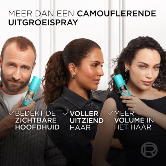 Drie personen met een sprayflesje. Bedekt zichtbare hoofdhuid, voller en meer volume.